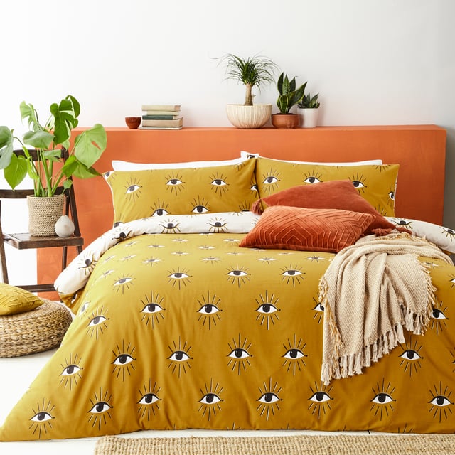 Add instant personality into your bedroom with this bold duvet set, featuring mystical watching eyes design. This has a neutral reversible design so you can switch the look when you need to.