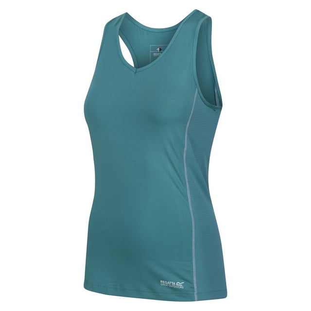 Women's Regatta Varey Extol Stretch Active Wicking Vest. The Varey vest from Regatta is a featherweight, moisture wicking, fast drying and super stretch top perfect for working out or for those casual warmer days. Material: 90% Polyester, 10% Elastane. Ref: RWT223GHG.