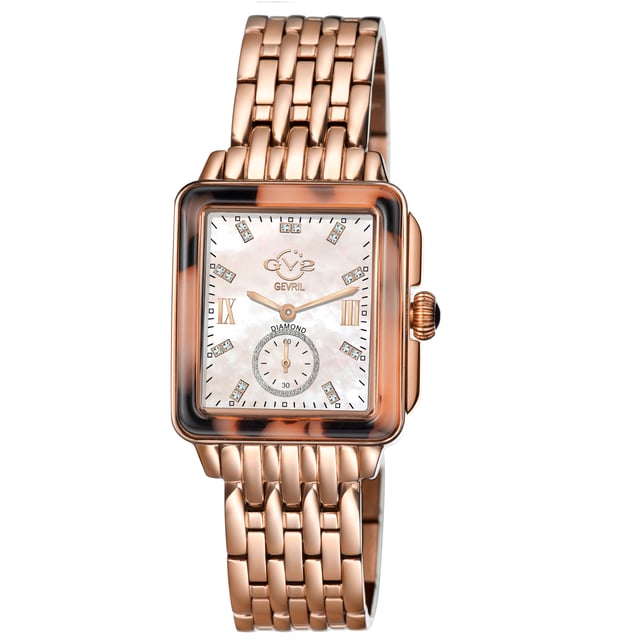 GV2 Bari Diamond

The picturesque city of Bari Italy provided the inspiration for the popular ladies GV2 Bari Collection Known throughout the world as the city of St Nicholas, it is no surprise that the historic town would continue to inspire the designers.
The new line extension retains the Bari’s sophisticated rectangular mother-of-pearl dial embellished with eighteen glittering diamonds indices; adding a well-placed sixty-second sub dial. This Bari collection has been fitted with a beautiful pumpkin shape crown topped with a Diamond Cut Bezel Case. GV2 9254B Women's Bari Swiss Quartz Diamond Watch

GV2 Women's Swiss Watch from the Bari Collection
37mm Square IPRG Diamond Cut Bezel Case/ Push Pull Crown
White MOP dial with 18 Diamonds Single Cut G/H Color
Second Hand Sub Dial
Two-toned SS/IPRG Bracelet with Deployment Buckle
Anti-reflective Sapphire Crystal
Water Resistant to 50 Meters/5ATM
Swiss Quartz Movement Ronda 1069