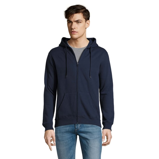Brushed fleece backing. Drop shoulder style. Jersey lined hood with flat drawcord. Taped back neck. Full length covered zip. Front pouch pockets. Ribbed cuffs and hem. Fabric weight: 280 gsm. Material: 50% cotton/50% polyester. Chest (to fit): S(36/38), M(38/40), L(41/42), XL(43/44), XXL(45/47), 3XL(47/49).