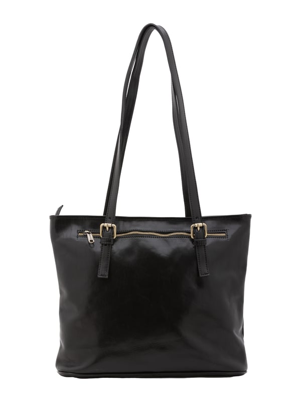 Bolso bandolera para mujer. El cierre es con cremallera. Los bolsillos internos son dos con cremallera y dos abiertos. Los bolsillos externos son uno en la espalda con cremallera. Falta la correa para el hombro. El mango es de piel. Hay dos compartimentos internos. El material exterior es auténtica piel de vacuno. Internamente está forrado en algodón. Medidas: 31x41x10 cm. Hecho en Italia