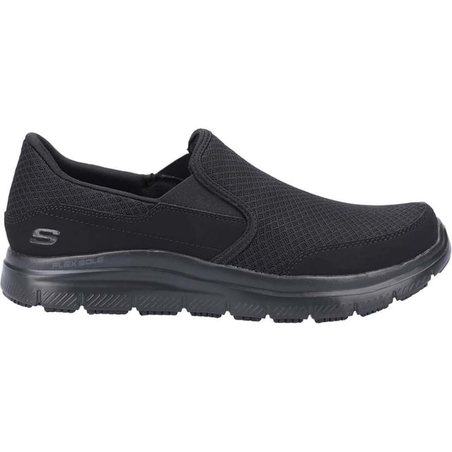 Cool sporty style and all day comfort combines in the Flex Advantage McAllen SR shoe. Smooth synthetic and mesh fabric upper in a slip on sporty casual comfort slip resistant work sneaker with stitching and overlay accents.