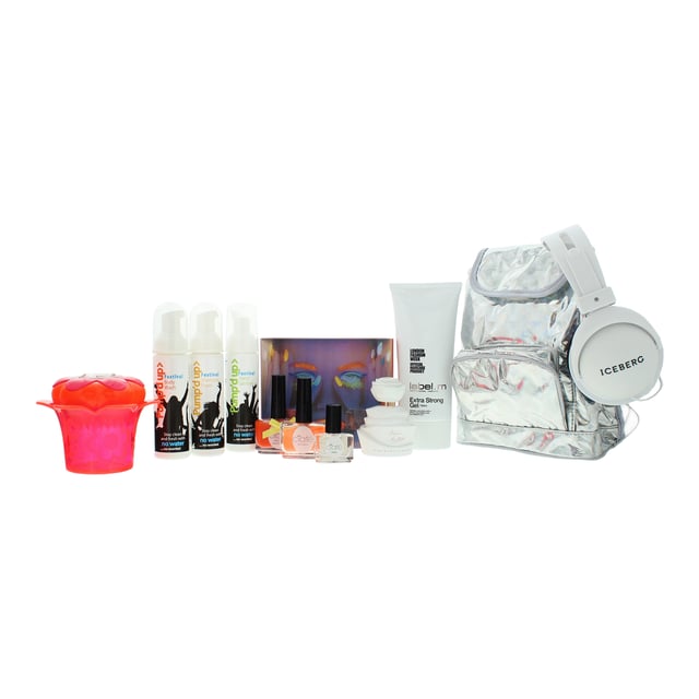 Festival Ready Kit Contains - Tangle Teezer Magic Flowerpot Hair Brush, Pump'd Up Festival Hand Sanitiser 70ml, Pump'd Up Festival Body Wash 70ml, Pump'd Up Coconut Foam Shampoo 70ml, Lancaster Sun Beauty Sublime Tan Spf 30 Body Milk 75ml, Label M Extra Strong Gel 150ml, Kim Kardashian Fleur Fatale Eau de Parfum 30ml, Iceberg Homme Headphones, Ciaté Corrupted Neon Cha Cha Cha Manicure Kit 13.5ml + Silver Backpack