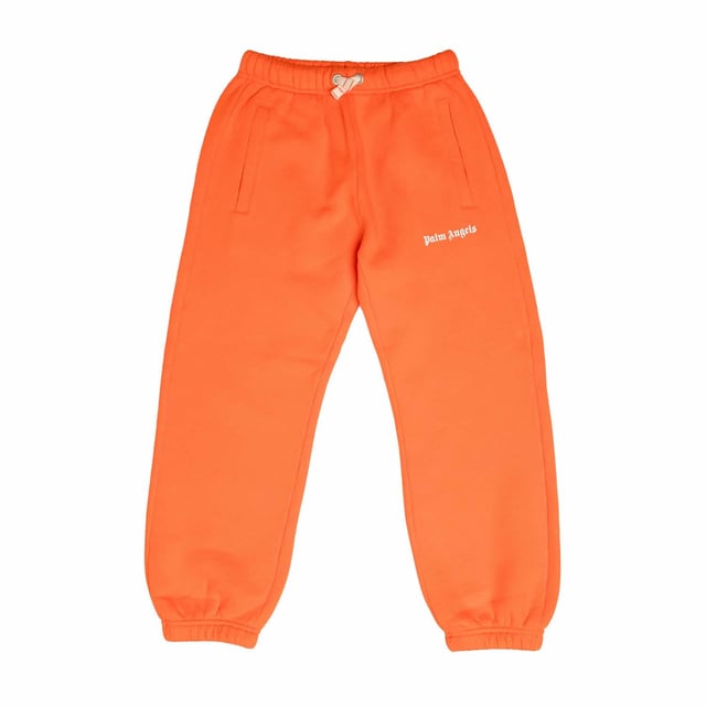 Juniors Palm Angels Logo Sweatpants in orange - white.- Drawcord on elasticated waist.- Front welt pockets.- Rear welt pocket.- Elasticated cuffs.- Palm Angels logo printed at left thigh.- Main material: 100% Cotton.  Pocket lining: 100% Cotton.  Hand wash.- Ref: PBCH0020032001
