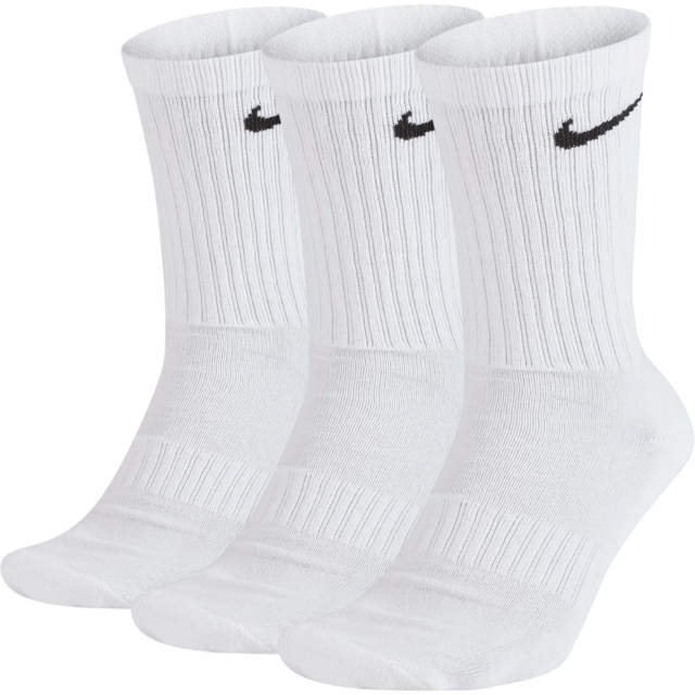 Nike Everyday Cushion Crew Training Socks (3 Pairs) in White Nike Dri-fit Technology Helps You Stay Dry and Comfortable. -- . Thick terry sole provides comfort and impact absorption. Ribbed arch band offers a supportive feel. Crew silhouette covers your ankle and lower calf. With Nikes staple Dri-Fit technology wicking away moisture, keeping your feet dry and comfortable, these socks should be cemented as a part of any outfit.