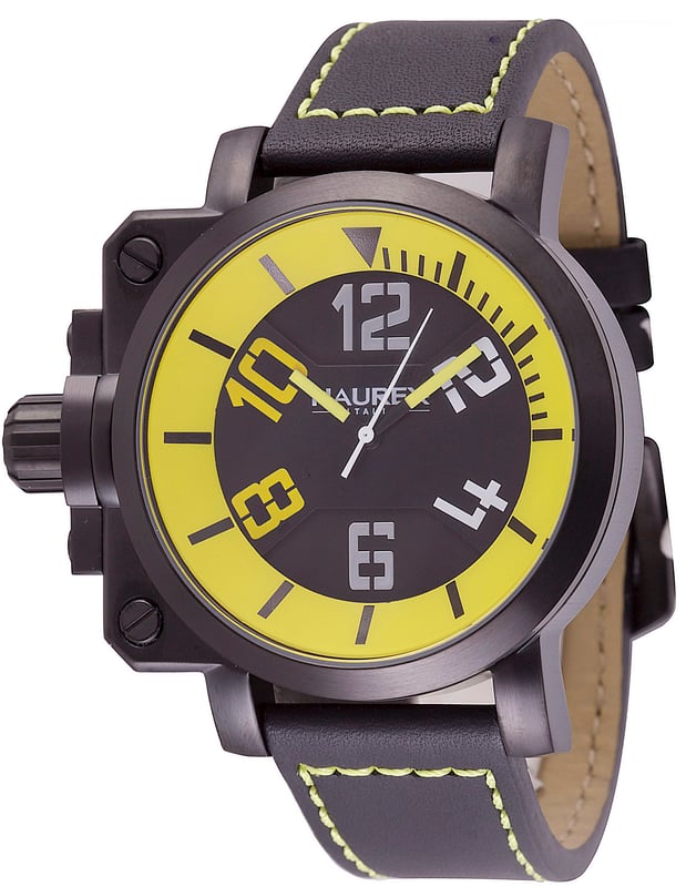 Haurex italy:gun men's watch, ipb case, black/yellow dial, black with yellow leather strap