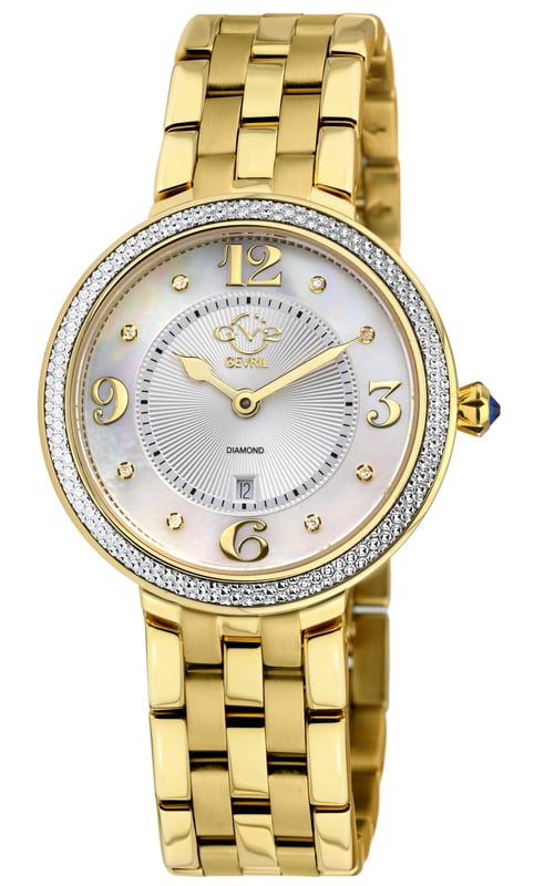 Crafted of a long, rich history and dazzling with its subtle charm, GV2’s Verona Collection is the best of what a women’s watch can be. A soft, powerful touch that delights the eye, the Verona Collection is for the romantic inside all of us.  Like the quaint town in Northern Italy, Verona timepieces stand the test of time using Swiss Quartz Movement. Brilliantly radiant while understated and restrained, the elegant design features curly, script numbering on the 3,6,9 and 12 markers adding soft touches over powerful fabrication. The 37mm diamond cut bezel contains a mother of pearl face with 8 stunning diamonds on the dial protected by anti-reflective sapphire crystal completing a design that would inspire Shakespeare.  In fair Verona, while romance leads, the construction harkens to an ancient past that is decidedly modern. Adorned with a push pull fluted crown in blue Cabochon stone, a nod to the city by the river, each Verona watch is secured with a braided bracelet and deployment buckle befitting ancient Roman ruins and stunning Medieval Architecture.  Whether strolling through the piazza, taking in an opera at the amphitheater or sightseeing through the mini coliseum, GV2’s fair Verona Collection inspires love at first sight.

GV2 12901B Women's Verona Swiss Diamond Watch

GV2 Women's Swiss Quartz Watch from the Verona Collection
37mm SS/IP Light Gold Diamond Cut Bezel Case
8 Diamonds on White MOP Dial, Gold Indices
Push Pull Fluted Crown with Blue Cabochon Stone
IP Light Yellow Gold Bracelet With Deployment Buckle
Anti-reflective Sapphire Crystal
Water Resistant to 50 Meters/5ATM
Swiss Quartz Movement Ronda 784