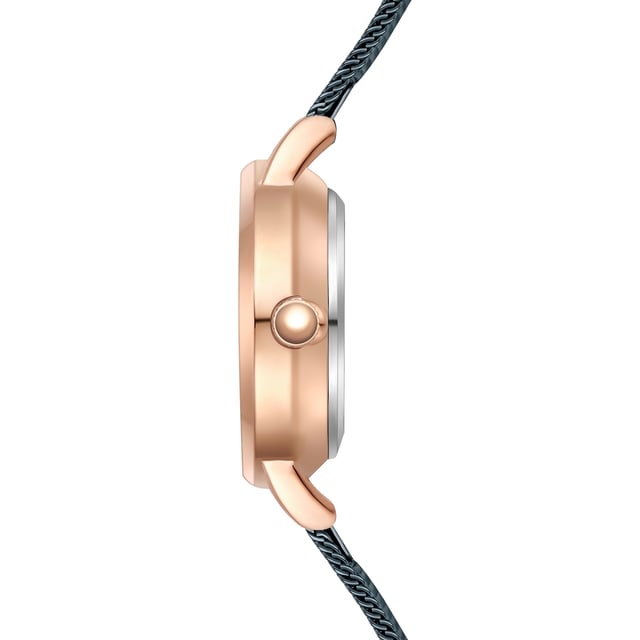 GENERAL INFORMATION:  • Targetgroup: Female  • Wristwatch: No Special Functions  • Display: analogue  • Weight of watch w/o box (gr.) - approx.: 24,0  MOVEMENT:  • Movement: Quartz  • Term of Movement: VC10  • Origin of movement: Japan  BRACELET:  • Material of bracelet/strap: Stainless steel  • Plating of bracelet/strap: Ion-Plating (IP)  • Finishing of bracelet/strap: Smooth  • Finishing/Decoration of bracelet/strap: None  • Clasp/Closure/Buckle: Slide Clasp  • Color of bracelet/strap: Blue  • Length of bracelet/strap (mm) approx.: 190,0  • Width of bracelet/strap (mm) approx.: 9,5  • Style/Design of bracelet/strap: Mesh band (Millanaise Style)  • Bracelet/strap adjustable?: No  CASE:  • Shape of case: Round  • Size/Diameter of case in mm . approx.: 24,0  • Height of case in mm: 7,6  • Case material: Metal (Alloy)  • Surface of case: Polished  • Bezel/Topring: Fixed  • Finishing/Decoration of case: None  • Material of case back: Stainless steel  • Lock of case back: No screwed-in crown  • Color of case: Rosegold  • Coating/Plating (Case): Ion-Plating (IP)  • Type/Form of crystal: Flat  • Material of crystal: Mineral crystal  • Water resistant (ATM): 3  DIAL:  • Size jewelry care cloth: Hour, Minute  • Indices: Line indices  • Material of dial: Brass  • Structure/pattern of dial: Flat  • Color of dial: Blue  PUSHER, CROWN, HAND:  • Pusher: None  • Corrector: No  • Crown: No screwed-in crown  • Type of hands: Dauphine hands  • Luminescent (hands): No  PACKAGING & SCOPE OF DELIVERY:  • Box: Yes  • Service booklet: Yes  • Manual: Yes
