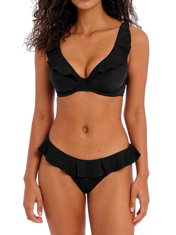 Freya Jewel Cove Italini Bikini Brief. Low rise with cut away back and frill detail. Product is made of 82% Nylon/Polyamide, 18% Elastane and is recommended hand-wash only.