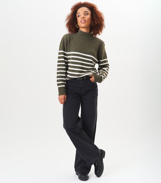Stay cozy and stylish with ou High Neck Stripe Oversized Jumper. This fashionable sweater features a high neck design and classic stripes, perfect for any fashion-forward individual. The oversized fit adds a touch of trendiness to your wardrobe. Stay warm and look great all season long.MeasurementApprox. length- 75cm