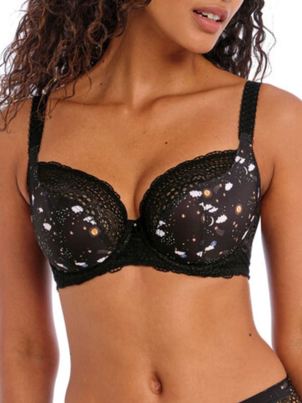 Freya's Daydreaming Plunge Bra with a floral print. With a low centre front, crochet-look lace top cup and fully adjustable straps. They are finished with a bow and silver disk charm. The product is recommended to be hand-wash only.