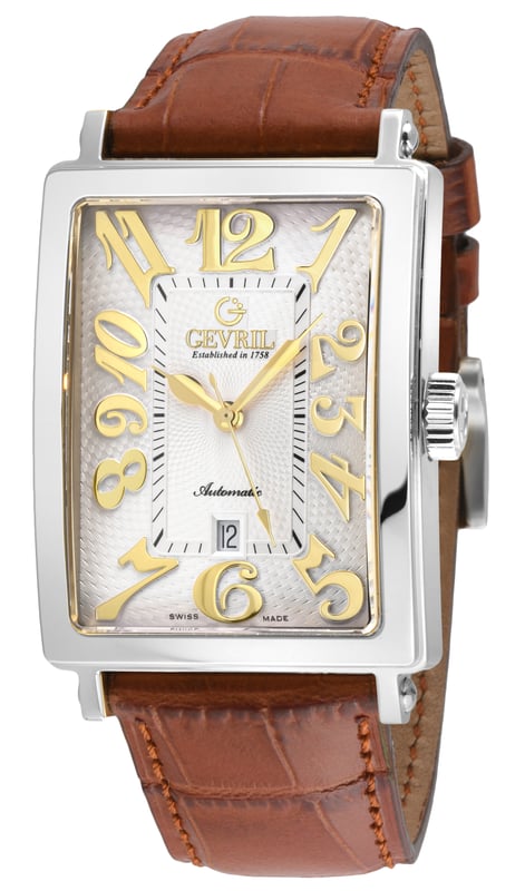 Gevril 15005-5 Men's Avenue of Americas Swiss Automatic Watch

Gevril Men's Swiss Watch from the Avenue of Americas Collection
44mm Rectangle 316L Stainless Steel Case, White Dial, Screw Down Crown
Date at 6 o'clock
Screw Down Crown
Genuine Light Brown Handmade Leather Strap with Tang Buckle
Anti-reflective Sapphire Crystal
Water Resistant to 50 Meters/5ATM
Swiss Made Automatic, Sellita SW200 Movement