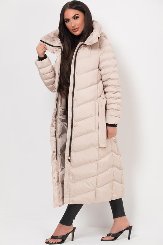 Jess Women’s Long Puffer Coat with Belt Hood