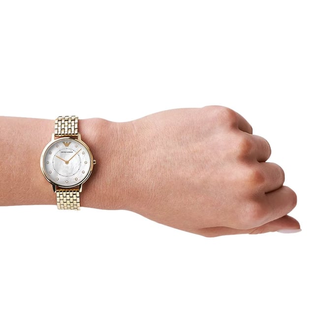 Sku: AR11007Case Size: 32 mmMovement: Quartz Two-HandStrap Material: Stainless SteelStrap Color: GoldCase Water Resistance: 3 ATMCase Material: Stainless SteelCase Color: GoldDial Color: White Mother-Of-PearlStrap Width: 14 mmClosure: Bracelet Butterfly DeployantStrap Inner Circumference: 175 +/- 5 mmBattery Type: SR616SW