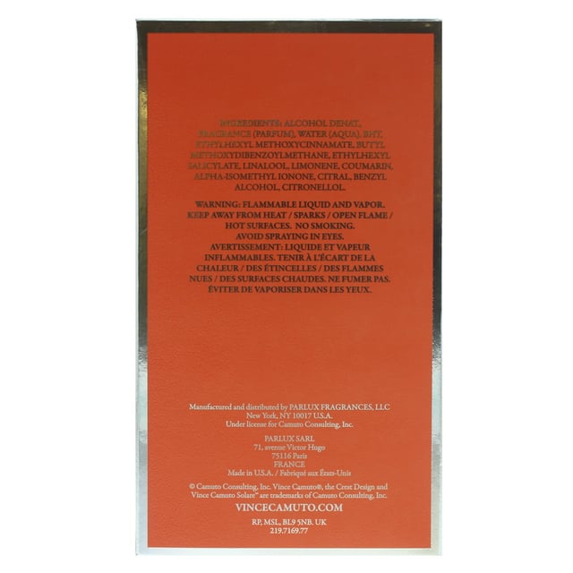 Vince Camuto Solare is an oriental woody fragrance for men. The fragrance features mandarin orange cardamom pimento musk and cashmere wood. Vince Camuto Solare was launched in 2015.