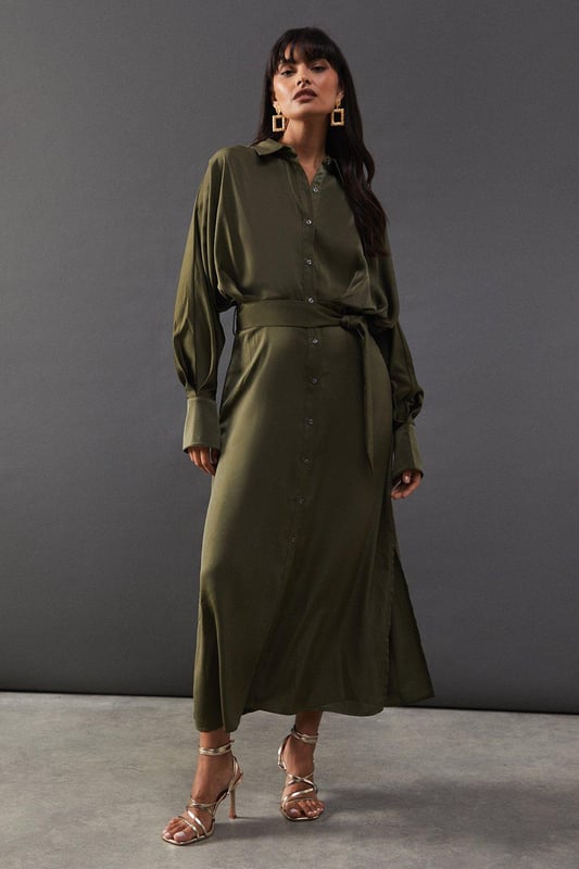 Satin Batwing Split Side Midi Shirt Dress