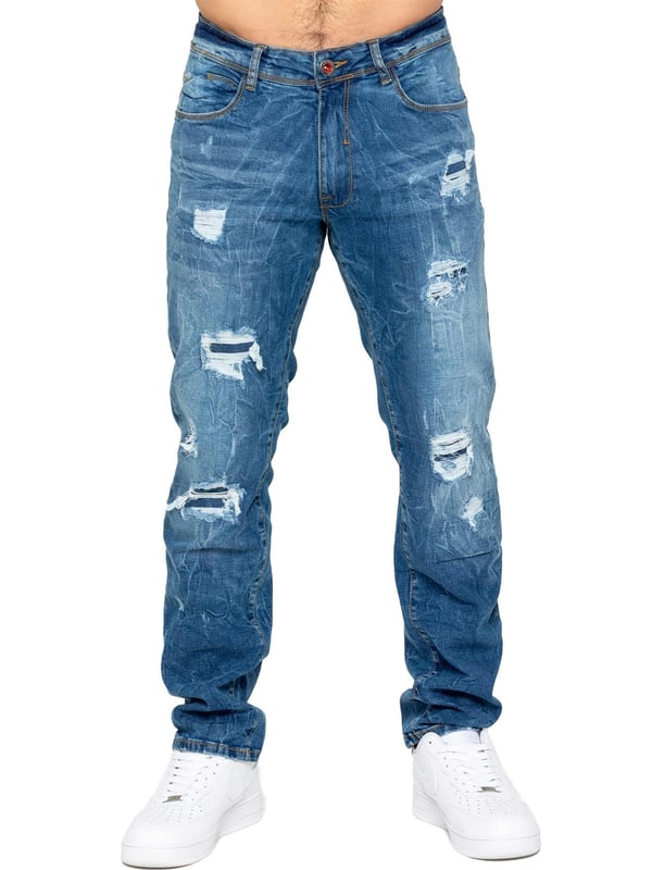 Mejora tu colección de denim con los Enzo Men's Distressed Ripped Jeans. Diseñados para el hombre moderno, estos jeans combinan estilo y comodidad con un corte clásico de pierna recta y un diseño versátil de 5 bolsillos. La tela elástica asegura un ajuste perfecto y máxima comodidad, permitiéndote moverte con facilidad durante todo el día. Con cierre de cremallera, detalles desgastados y un parche trasero de la marca, estos jeans añaden un toque rudo y elegante a tu atuendo. Perfectos para salidas casuales o una noche fuera, los Enzo Men's Distressed Ripped Jeans combinan estilo y funcionalidad sin esfuerzo.