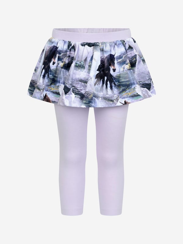Molo project fun Scandinavian properties and stellar sustainability into their eccentric abstracts.¬†These baby girls oriental peacock leggings are a captivating piece. Made in luxurious high quality. They showcase Pegasus and unicorn imagery as an all-over pattern to project the idea of movement.  Cotton