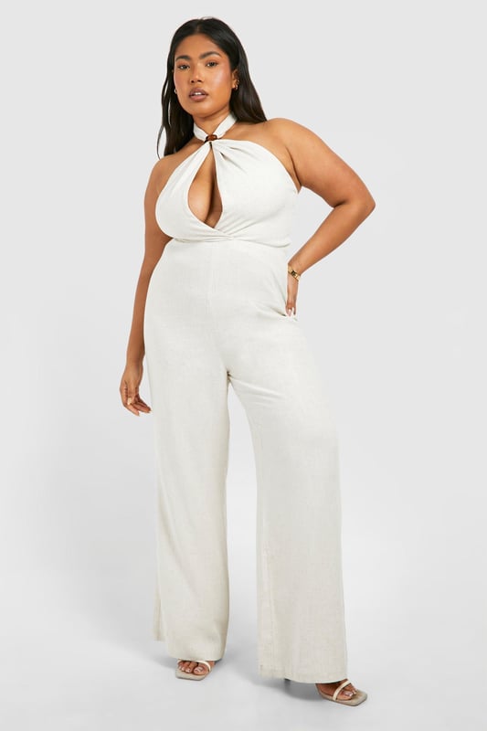 Plus Linen Look Halterneck Jumpsuit