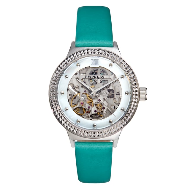 316L Surgical-Quality Stainless Steel Case; Jeweled Miyota 8N24 Automatic Movement; Jewel Bearings: 22 Jewels; 42 Hour Power Reserve; Beats per Hour (BPH): 21600/Hour; Sapphire-Coated Mineral Crystal; Mother of Pearl Dial; Skeleton Dial; Observation Caseback to View Movement; Genuine Leather Strap; Logo-Engraved Stainless Steel Clasp; 38mm Case Diameter; 5ATM Water Resistance;