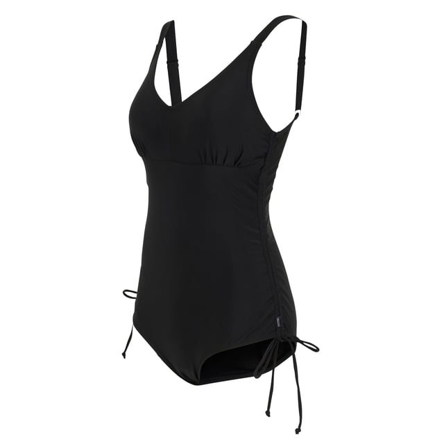 85% Polyester, 15% Elastane. Fabric: Stretch. Design: Plain. 200gsm. Fastening: Pull Over. Neckline: Sweetheart. Adjustable Strap, Drawstring Side, Elasticated Under-Bust Band, Gathered Side, Non-Wired Padded Cups, Tummy Control, UPF 50+. Fabric Technology: Durable, UV Protection.