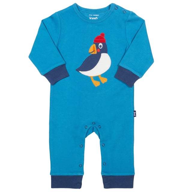Our classic, soft, and comfortable romper looks perfect for sleepy time and playtime in our eye-catching Atlantic blue with fun puffling appliqué. It's just what the little puffling in your life needs to provide comfort night or day!