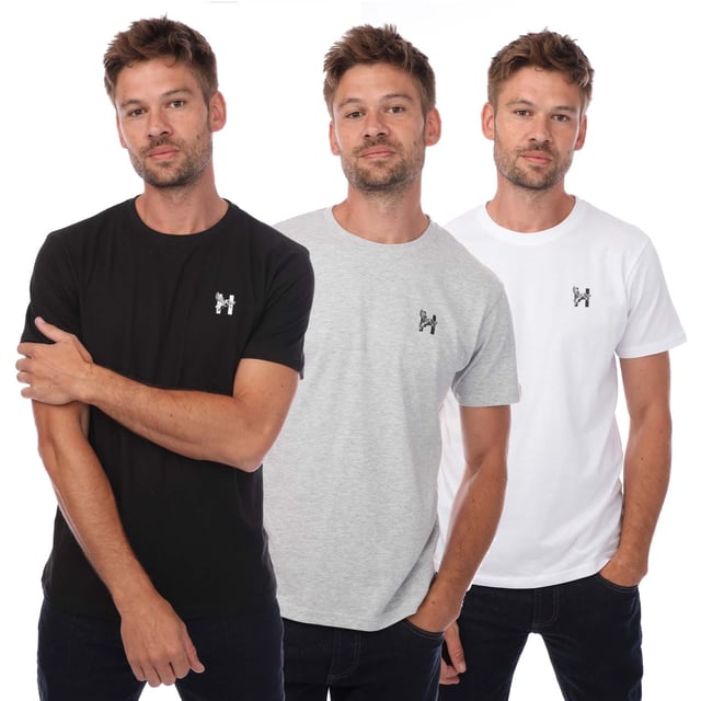 Mens Henleys Triphen 3 Pack T- Shirt in black grey white.- Crew neck.- Short sleeves.- Printed branding.- Straight hem.- 95% Cotton  5% Viscose.- Ref: HN2A122814A