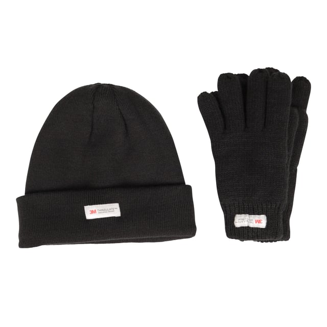 Outer Materials: 100% Acrylic. Lining Material: 100% Polyester. Filling Material: 61% Polypropylene, 39% Polyester. Lining: 3M Thinsulate, Fleece. Contents: 2 Gloves, 1 Beanie. Fabric Technology: Breathable. Design: Plain, Text.