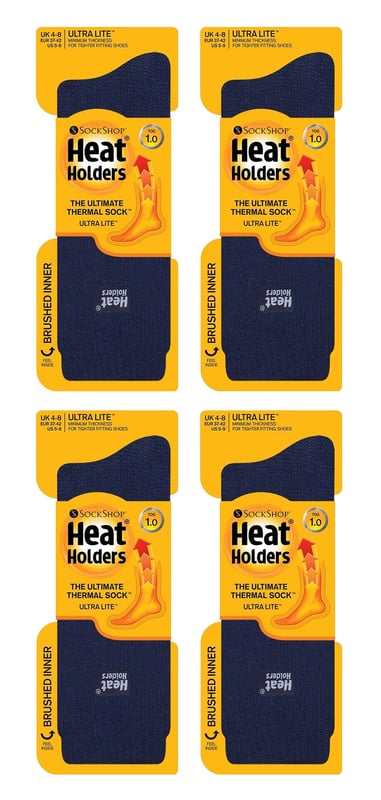 Heat Holders Ultra Lite - Ladie 4 Pack Thermal SocksHalten Sie Ihre Füße an den kältesten Tagen warm und ziehen Sie dieses Paar Heat Holders Ultra Lite Thermal Socks an. Jetzt im 4er-Pack! Heat Holders Ultra Lite ist wie die Lite-Version, aber noch weniger klobig. Sie eignen sich perfekt für enger sitzende Schuhe, d.h. sie sind großartige Socken für die Wintermonate, passen in jede Art von Schuh und bieten die von Heat Holders bekannte Wärme.Heat Holders Socken bieten Ihnen intensiven Komfort und Wärme. Unser speziell entwickeltes Thermogarn sorgt für eine leistungsstarke Isolierung gegen Kälte und eine hervorragende Feuchtigkeitsableitung.Die innovative Stricktechnologie erzeugt unseren einzigartigen, extra langen, geschlungenen Polsterflor, der mehr warme Luft einschließt. Unser fachmännischer Heat Holders-Bürstungsprozess maximiert die Menge an warmer Luft, die in jeder Socke gehalten wird, und sorgt so für absolute Wärme und ganztägigen Komfort. 1,0 tog bedeutet, dass Ihre Füße und Beine selbst bei extrem kalten Wintertemperaturen dreimal wärmer sind als bei herkömmlichen Baumwollsocken. Diese Socken sind nicht nur super weich und warm, sondern auch sehr nützlich, wenn Sie sich längere Zeit im Freien aufhalten.Wenn Sie Probleme haben, Ihre dicken Original Heat Holders in Ihre Stiefel oder Schuhe zu bekommen, dann haben wir hier die Lösung für Sie! Diese Ultra Lite Socken sind dünn genug, um in Ihre Alltagsschuhe zu passen, aber dick genug, damit die Wärmeisolierungstechniken der Heat Holders weiterhin funktionieren. Egal, ob Sie sich zu Hause entspannen, draußen arbeiten oder winterliche Aktivitäten im Freien genießen, diese Thermosocken sind die ideale Ergänzung für Ihre Sockenschublade. Diese Socken werden im 4er-Pack geliefert, sind in den Damengrößen 4-8 UK erhältlich und bestehen aus 89% Acryl, 10% Polyamid, 1% Elastan. Sie sind in Schwarz, Marineblau und Lila erhältlich und können in der Maschine gewaschen werden.Extra ProduktdetailsWärmeisolierende Ultra Lite SockenSpeziell entwickeltes GarnDünner als die OriginalsockeThermische Bürstung1.0 Tog RatingDick & Warm3X wärmer als BaumwollsockenDamengröße: 4-8 UK3 FarboptionenMaschinenwaschbar