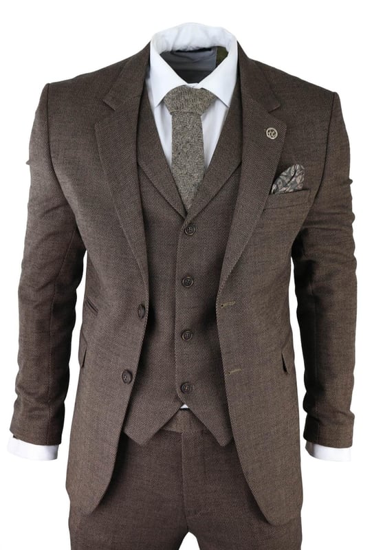 Mens Brown Piece Tweed Herringbone Suit Peaky Blinders Classic