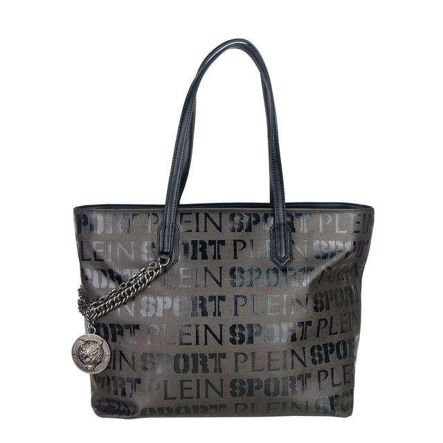 Black Polyester Shoulder Bag
  Plein Sport shopping bag
  Brand logo design all over
  Includes crossbelt
  Size: 50x32x16 cms
  Suitable for women
Material: 100% Polyester