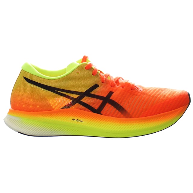 Elevate your running performance with these high-speed trainers that combine style, innovation, and comfort.

Crafted with meticulous attention to detail, these trainers feature a vibrant orange synthetic upper that adds a burst of color to your running attire. The lace-up design ensures a secure and customized fit, allowing you to achieve optimal performance during your runs.

The Metaspeed Edge trainers are designed to optimize speed and efficiency. They feature cutting-edge technology that enhances stride efficiency and propels you forward with every step, giving you a competitive edge on the track or road.

The lightweight synthetic construction of these trainers provides a feather-light feel, allowing you to move swiftly and freely. The breathable materials help keep your feet cool and comfortable, even during intense training sessions.

Equipped with responsive cushioning, these trainers absorb shock and provide excellent energy return, ensuring a smooth and comfortable ride. They are designed to minimize fatigue and maximize performance.

The reliable rubber outsole offers exceptional traction and grip on various surfaces. This ensures stability and confidence, allowing you to maintain control and speed throughout your runs.

In addition to their outstanding performance features, the Metaspeed Edge trainers showcase a sleek and sporty design that complements your running gear. Whether you're competing in races or going for leisurely jogs, these trainers add a touch of style to your running ensemble.

In summary, the Asics Metaspeed Edge Lace-Up Orange Synthetic Women's Trainers (Model: 1012B258_800) are the perfect choice for runners seeking speed, comfort, and style. With their advanced technology, lightweight construction, and reliable traction, these trainers help you unlock your full running potential. Lace up, hit the road, and experience the thrill of speed with the Metaspeed Edge.