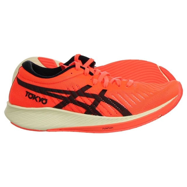 The Asics MetaRacer Tokyo Women's Red Running Trainers are a premium choice for female runners who demand exceptional performance and style. These trainers are designed to offer a competitive edge for racing and high-intensity runs while providing a bold and fashionable look. Here's a detailed description with key features:

 Race-Ready Design:  The MetaRacer Tokyo trainers by Asics are specifically designed for racing and high-performance running. Their lightweight and aerodynamic design aim to enhance speed and efficiency.

 Top-Quality Materials:  Asics is known for using high-quality materials in their footwear. These trainers are typically constructed from top-tier materials, ensuring durability, support, and comfort.

 Vibrant Red Color:  The trainers come in a vibrant red color with eye-catching accents, providing a bold and dynamic look that stands out during races and training sessions.

 Responsive Cushioning:  These trainers feature a responsive midsole that offers excellent energy return, ensuring that each stride propels you forward with maximum efficiency.

 Carbon Plate Technology:  The MetaRacer Tokyo trainers often incorporate a carbon plate in the midsole, which enhances stability and helps maintain a consistent stride during races.

 Secure Lace Closure:  The trainers typically feature a lace-up closure system that ensures a secure and customizable fit tailored to your foot shape.

 Minimalist Upper:  The upper of the shoes is designed to be lightweight and breathable, promoting airflow and reducing weight to keep you cool and comfortable during intense runs.

 Durable Outsole:  The outsole is designed to provide excellent traction and durability, ensuring grip and stability during races on various surfaces.

 Asics Branding:  You can expect to find Asics branding elements, such as the Asics logo or label, integrated into the trainers' design, reflecting the brand's commitment to quality and performance.

The Asics MetaRacer Tokyo Women's Red Running Trainers are the ultimate choice for female runners who are serious about achieving their best performance. Their striking red color and advanced features make them a standout option for those who want to make a statement on the track or during high-intensity runs.
