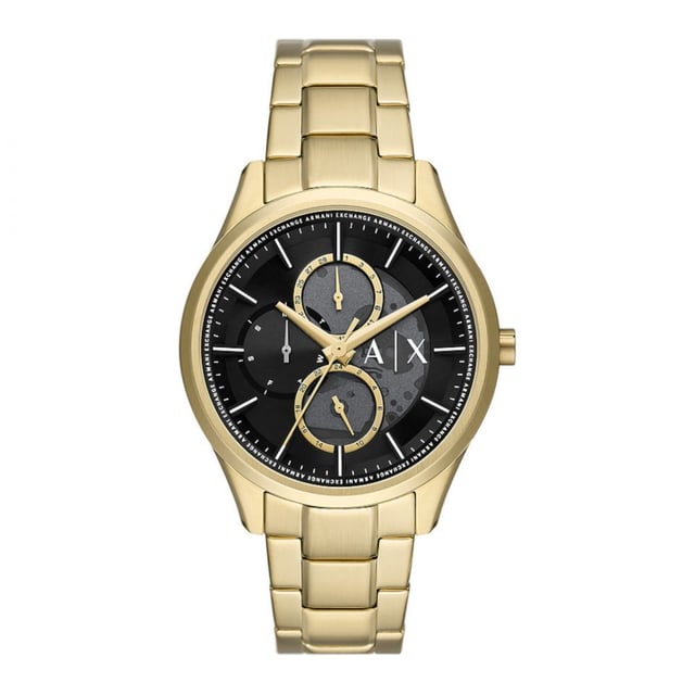 This Armani Exchange Dante Multi Dial Watch for Men is the perfect timepiece to wear or to gift. It's Gold 42 mm Round case combined with the comfortable Gold Stainless steel watch band will ensure you enjoy this stunning timepiece without any compromise. Operated by a high quality Quartz movement and water resistant to 5 bars, your watch will keep ticking. This fashionable and classic watch matches any outfit at any occasion,it adds style to your life  This Multi Dial watch has a Calendar function: Day-Date and 24-hour Display High quality 20 cm length and 21 mm width Gold Stainless steel strap with a Fold over with push button clasp Case diameter: 42 mm,case thickness: 9 mm, case colour: Gold and dial colour: Black