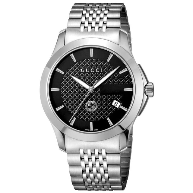 Manufacturer part number: YA1264106Brand: GucciEAN: 7319034560217Movement: QuartzBracelet color: Silver-toneWaterproofing: 50M (5ATM)Dial color: BlackBracelet material: Stainless steelDial diameter: 38mmDisplay: AnalogCase material: Stainless steelGender: Men'sStyle: LuxuryAge Group: AdultBracelet type: Two-piece strapShape: RoundCase color: Silver