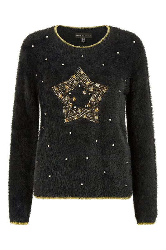 Black Fluffy Star Christmas Jumper