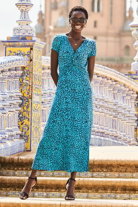 Aqua Animal Print Twist Front Maxi Jersey Dress