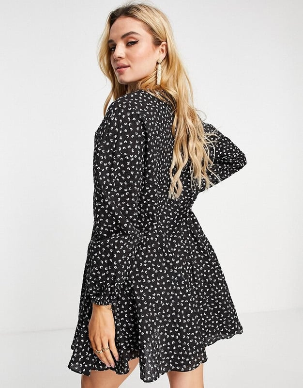 Glamorous Mini Swing Dress With Pleated Hem In Black Mini Floral