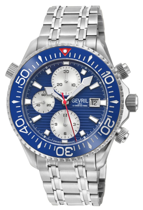 Gevril 48815B Reloj automático suizo cronógrafo de hombre de la colección Hudson Yards

Reloj automático suizo para hombre de la colección Hudson Yards Chronograph de Gevril
Caja de cronógrafo de acero inoxidable satinado y pulido de 43 mm, anillo de cerámica plateado/azul, esfera azul, fecha a las 3 en punto
Bisel giratorio unidireccional, válvula de liberación de helio con rosca, marcadores luminosos
Fondo de caja transparente, corona con rosca
Brazalete de acero inoxidable satinado y pulido 316L con extensión de buceo y hebilla de despliegue
Cristal de zafiro antirreflectante
Resistente al agua hasta 300 metros/30ATM
Movimiento automático suizo SW500