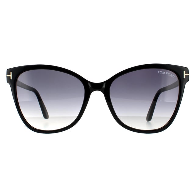 Tom Ford Cat Eye Womens Shiny Black Grey Gradient  Ani FT0844 are a cat eye shape crafted from lightweight acetate.   They are superbly enhanced with tweaks at the corners which are enhanced with the signature Tom Ford "T" emblem. The Tom Ford logo also appears on the left lens for added authenticity.
