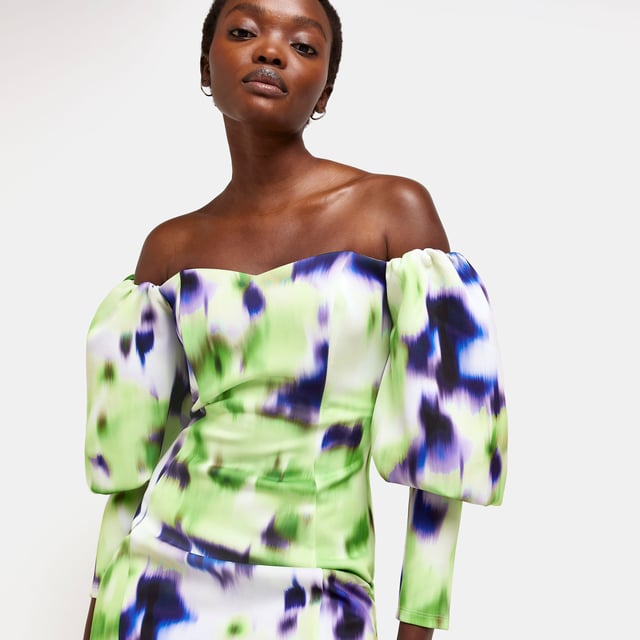 green emerald velvet dress Rent River Island Lime Green Satin Cropped Bardot Top & Midi Skirt Co-Ord