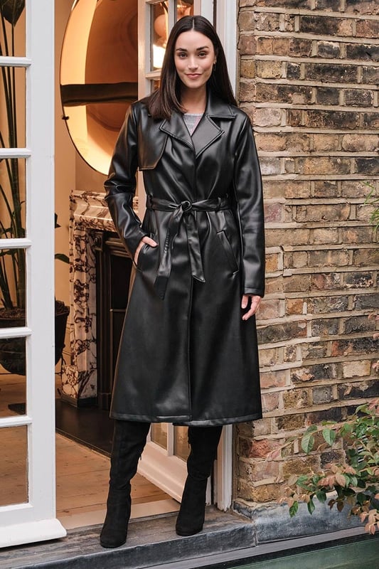 Black Faux Leather Tie Waist Coat