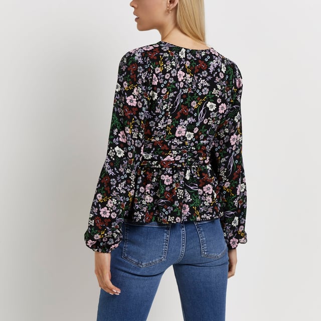 Ruched Drawstring Knot Floral Peplum Top