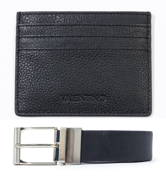 Founded in Rome in 1960, Valentino Bags expertly crafts luxury pieces for those who carry themselves with grace and poise, as well as a love for daring fashion. The Rock belt and card holder set consists of a grained leather belt with five belt hole adjustments and removeable single pin buckle, and a grained leather six slot card holder. Both pieces are finished with signature Valentino branding and are perfectly presented in a branded gift box.Genuine Grained Leather ConstructionSingle Pin Buckle &amp; Five Hole Adjustment Fittings3.5cm Belt WidthBranded Box PackagingValentino by Mario Valentino Branding