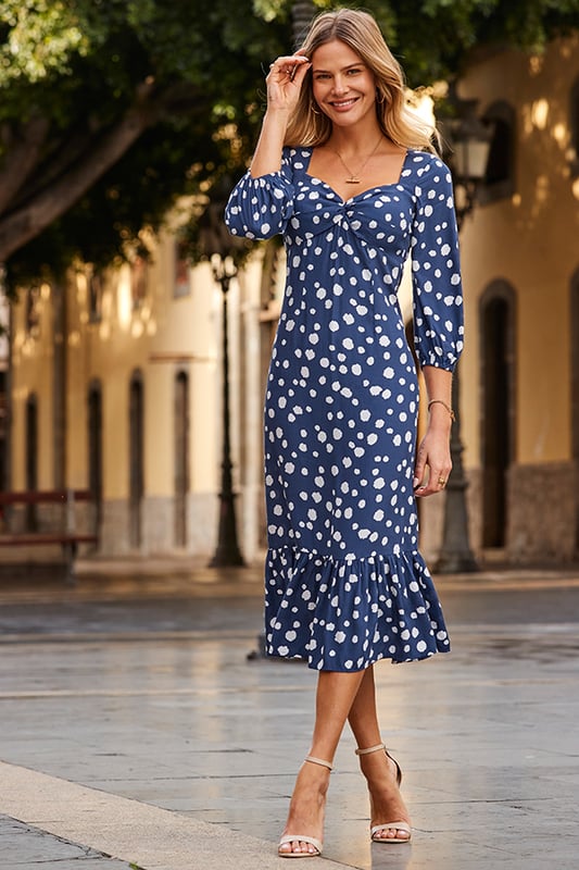 Navy Blue Spot Print Twist Front Midi Dress