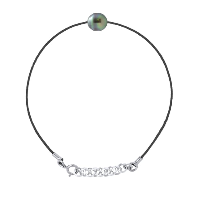 Bracelet "Love Links" in Twisted Nylon of BLACK Color adorned with a Real Cultured TAHITI Pearl Circled 8-9 mm - Color Rainbow - Length 18 cm - Delivered with Certificate of Authenticity and International Guarantee -MADE IN FRANCE
