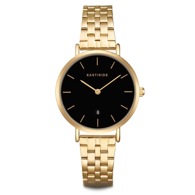 Classic watch design or modern lifestyle? This women's watch in the Eastside label can both and combine a design in the tradition of stylish clock classics with the pulsating zeitgeist of New York. The result is a timeless timepiece that fits many outfits and never gets out of fashion. A puristic dial with simple line indices, delicate sticker and date display fits into the yellow-gold metal housing. The also yellow-gold, hard-wearing stainless steel bracelet in a link-arm strap look scores with a comfortable safety folding. A precise quartz watchwerk guarantees everyday suitability and reliable longevity.