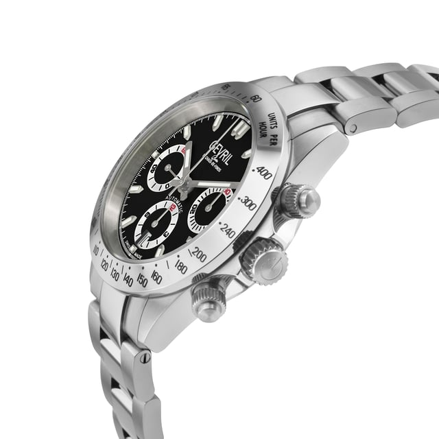 Gevril 44607 Men's New Amsterdam Swiss Automatic Chronograph Watch Gevril Men's Swiss Automatic Chronograph Watch from the New Amsterdam Collection 40mm Round Stainless Steel Polished Case and Top Ring Black Dial, Luminous indexes , Screw down Crown Exhibition Case back Chronograph sub dials are at 3:00, 6:00, 9:00 (small seconds location) 316L Stainless Steel Satin and Polished Oyster Bracelet With Deployment Buckle Anti-reflective Sapphire Crystal Water Resistant to 200 Meters/20 ATM Swiss Automatic Movement, Chronograph, ETA 7753