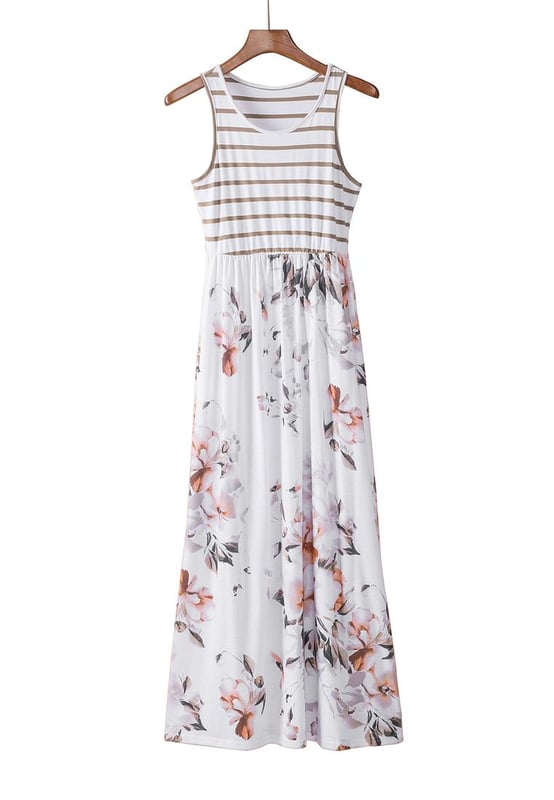 Sleeveless Maxi Dress
  Striped Floral Print
  Designed for Women
  Quality materials
  Convenient pocket
  Versatile for any occasion