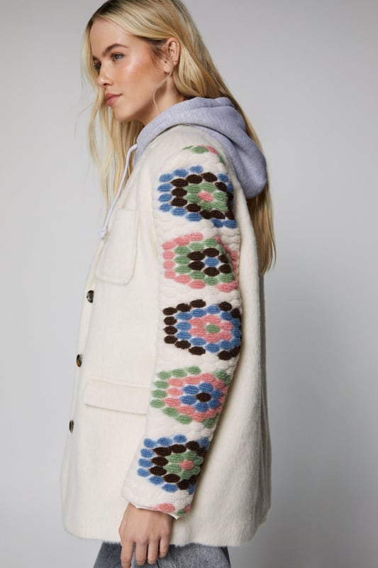 Layer up. Feel protected from the elements in our coat, in a cozy wool blend fabric, with crochet detailing. Pairs well with a casual fit for an elevated daytime look, or wear it over a mini dress for a levelled up night out look. Premium Wool Blend Crochet Blazer Coat High Quality Wool Blend Fabric Unique Crochet Style Details Comfortable Relaxed Fit Button Fastenings in Front Pocket Accents Model wears a size M (US size 6/UK size 10).